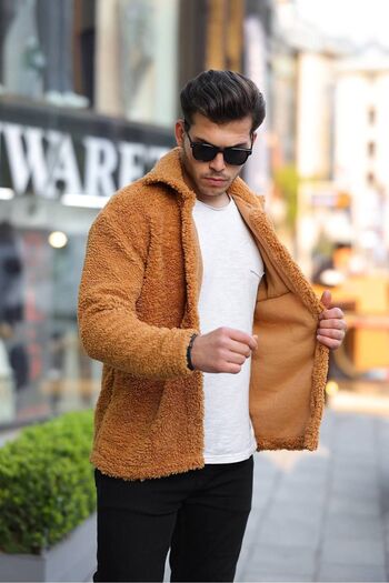 comstar Men's Trend Buttoned Mustard Plush Jacket