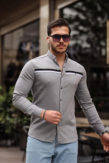 comstar Чоловіча сорочка Slim Fit з довгими рукавами, вузька, з смужками, кольору димчастого синього