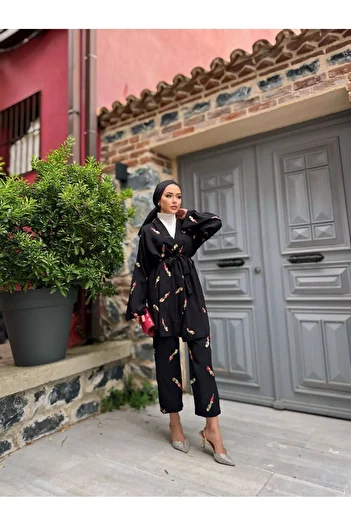 comstar Women's Hijab Kimono Loose Pants Black Double Set