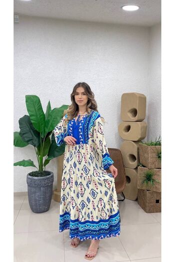 ZF BUTİK V-Neck Patterned Tied Long Dress