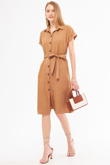 armonika Rochie cămașă cu mânecă scurtă cu aspect de in maro deschis - cu centură, ARM-24Y 001084