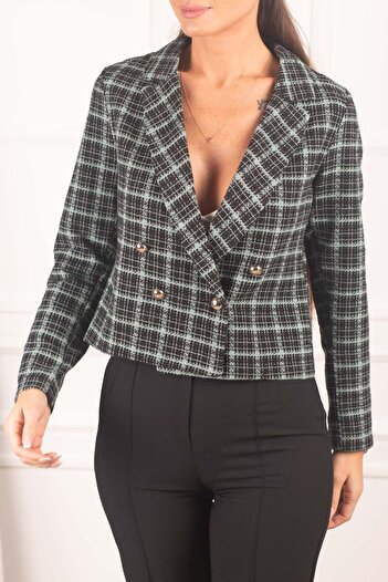 armonika Women's Mint Double Breasted Collar Tweed Crop Jacket ARM-24K001014