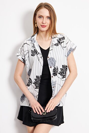armonika Light Gray Patterned Women's Shirt - Short Sleeve, ARM-22Y001052