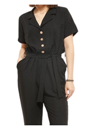ZY BUTİK Short Sleeve Black Jumpsuit - Button Detailed