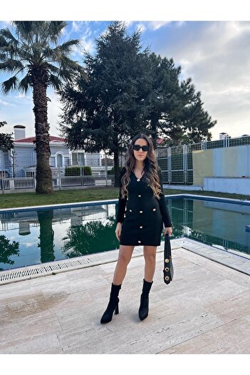 Millagros feel good with us Siyah Düğme Detaylı V Yaka Mini Triko Elbise