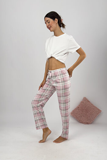 Betimoda Pantaloni de pijama de damă cu panglică alb roz gri pătrat