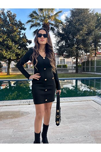 Millagros feel good with us Siyah Düğme Detaylı V Yaka Mini Triko Elbise