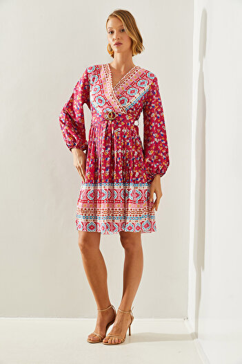 Bianco Lucci Floral Patterned Dry-breasted Pleated Women's Dress - 22138 60251604