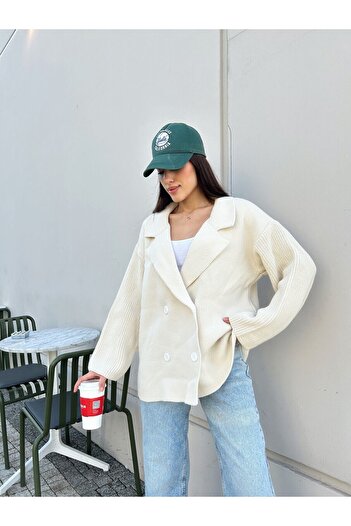 Puella Women's White Buttoned Stone Colored Thick Long Knitwear Cardigan