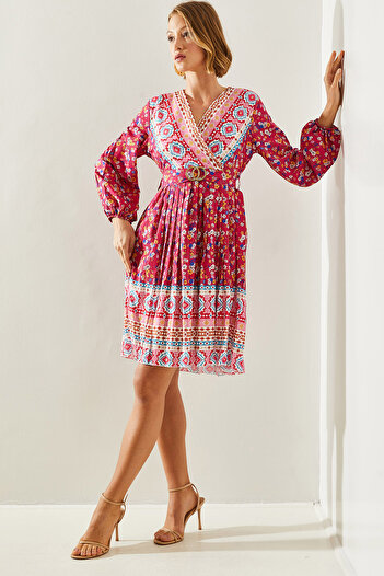 Bianco Lucci Floral Patterned Dry-breasted Pleated Women's Dress - 22138 60251604