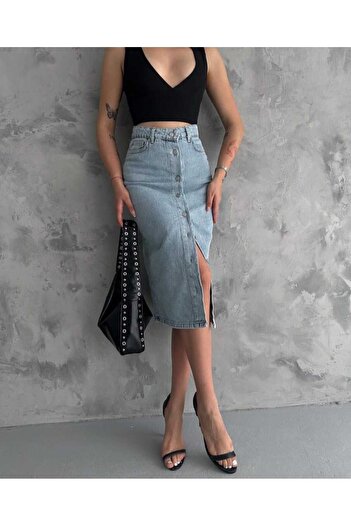 VESS MODA Fusta de damă din denim cu nasturi în față