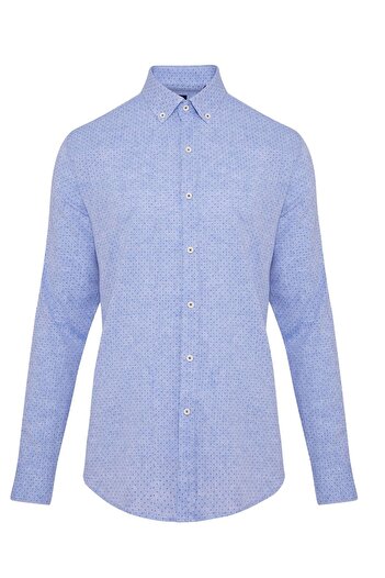Hatemoğlu Blue Slim Fit Printed Buttoned Collar Long Sleeve Casual Linen Shirt