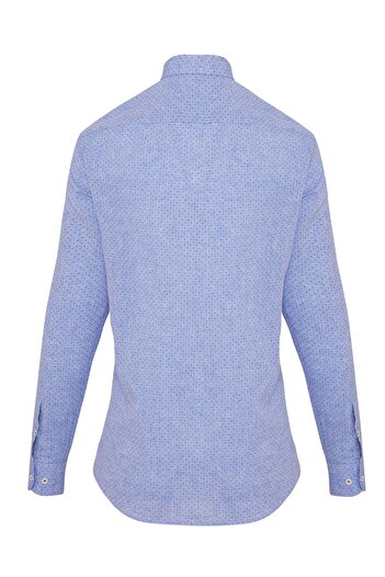 Hatemoğlu Blue Slim Fit Printed Buttoned Collar Long Sleeve Casual Linen Shirt