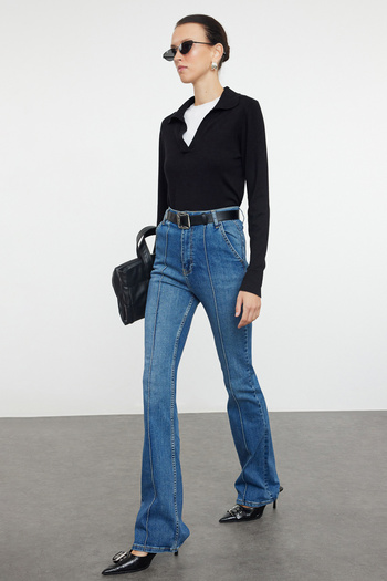 Trendyol Collection Blugi evazați cu nervuri albastre cu talie înaltă TWOAW25JE00049