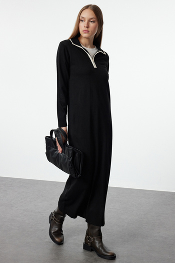 Trendyol Modest Ecru Black Piping Zippered Knitwear Dress - TCTAW25EB00032