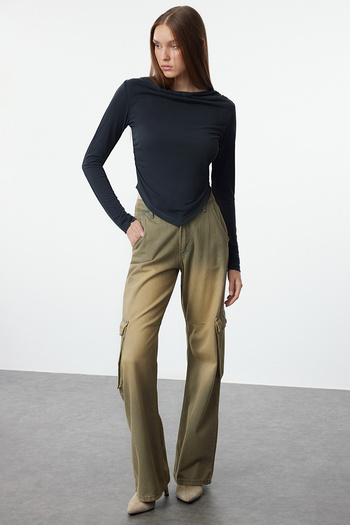 Trendyol Collection Degaje Collar and Draped Padded Asymmetrical Knitted Blouse - Anthracite Modal Fabric TWOAW25BZ00031