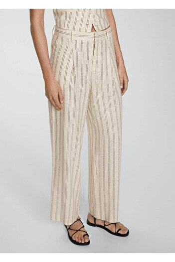 MANGO Woman Linen Striped Mixed Trousers