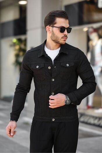 comstar Men's Trend Polo Neck Slim Fit Denim Jeans Black Denim Jacket