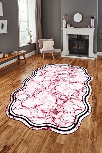 EY HOME Non-Slip Marble Laser Cut Kitchen Rug - Digital Printed, Washable Laser-22-Red