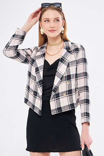armonika Women's Light Powder Double Breasted Collar Tweed Crop Jacket ARM-24K001014