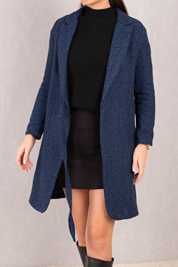 armonika Women's Saks Side Tie Herringbone Pattern Long Cuff Coat ARM-24K001010