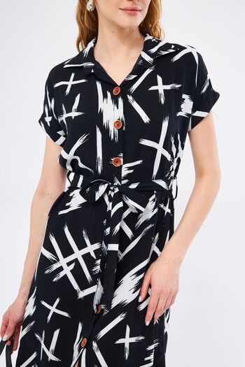 armonika Women's Black-White Large Floral Waist Belt Short Sleeve Shirt Dress ARM-22Y001007