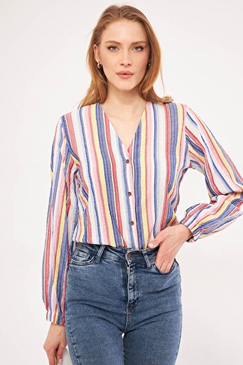 armonika Cămașă de damă albastră cu mâneci elastice ARM-24K001002