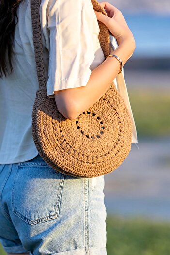 Hipnoz Medya ve Sanat Macrame Rope Shoulder Bag - Hand Knitted, Round Straw Colored Unlined