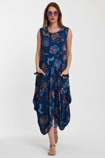 AYASOFYA OTANTIK Rochie etnică de damă, albastră, cu ciucuri, cu buzunare, țesută cu model, cu mâneci zero