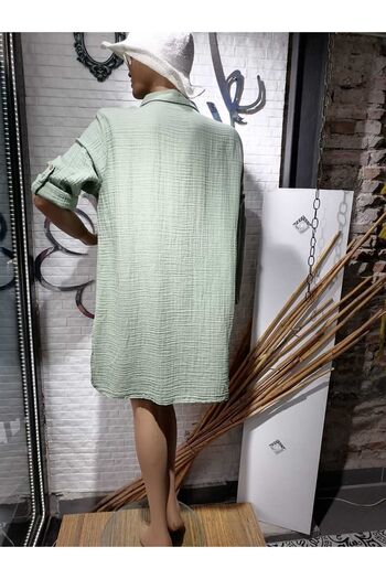 Sosyete Kaplumbağa Muslin Cotton Long-sleeved, Buttoned Slit Shirt Tunic Dress