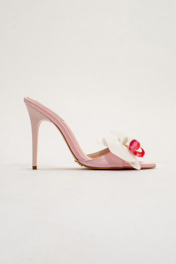 AYAKKABI PRENSİ Lily Flower Detailed Powder Satin 10 cm Γυναικείες Παντόφλες, Παντόφλες με τακούνι