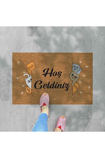 M&H Quality hoş geldiniz yazılır Temalı Kedili Dekoratif Dış Kapı Önü ve Iç Mekan Paspası