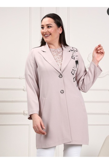 AKŞEN GİYİM Büüyk Size Double Breasted Jacket Set with Inner Blouse - Double Crepe Sand