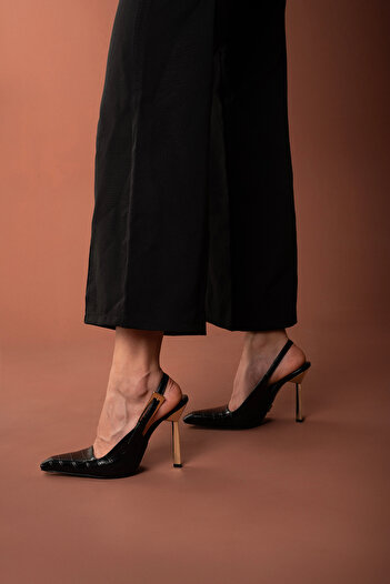 AYAKKABI PRENSİ Jade Buckle Detailed Black Crocodile Black 10 cm Women's Stiletto, High Heels