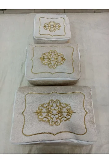 Yarençeyiz Dowry Velvet Gold Embroidered 3-Piece Bundle Engagement Bride Groom Storage Gold1