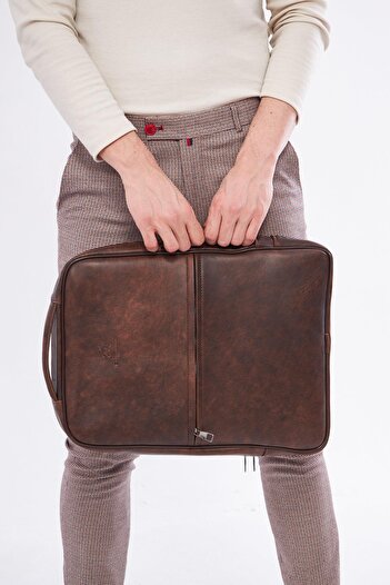 DERİNSS Derinss Dub3050 - Genuine Leather Brown Laptop Organizer Backpack
