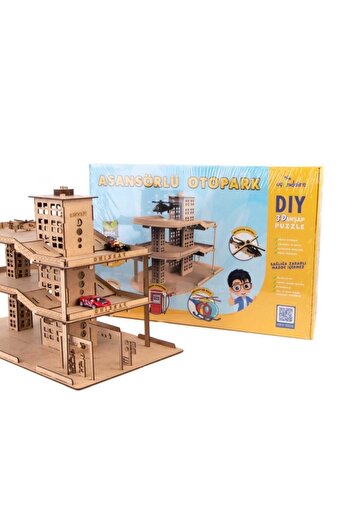 Uçandaire Natural Wood Paintable 3-Storey Car Parking Lot with Elevator 66 Pieces Wooden Puzzle Hobby Toy