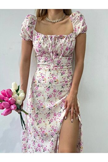 TUĞÇE FASHION Kadın Sarı Çok Renkli Çiçek Desenli Kare Yaka Astarlı Yırtmaçlı Premium Midi Elbise