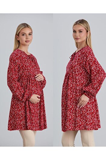 LİYACA Hijab Regular Fit Floral Patterned Viscose Maternity Blouse Tunic