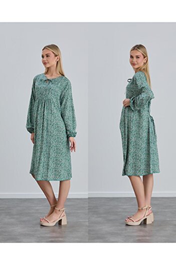 LİYACA Hijab Regular Fit Floral Patterned Viscose Maternity Tunic Dress