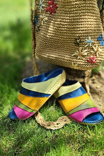İNZE AYAKKABI Milas- Multicolored Genuine Leather Slippers