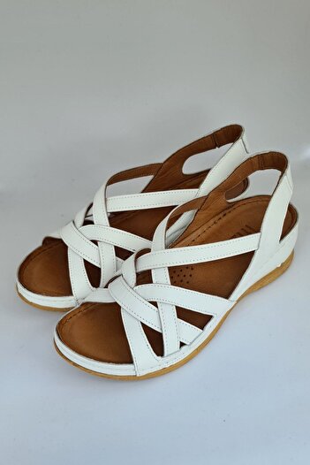 İNZE AYAKKABI White Band Knitted Genuine Leather Sandals-model: Fulya