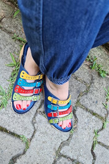 İNZE AYAKKABI Blue Multi-Colored Buckle Genuine Leather Slippers