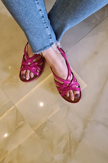 İNZE AYAKKABI Fuchsia Band Knitted Genuine Leather Sandals-model: Fulya