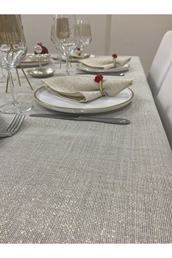 Zeren Home Keten Görünümlü Simli Linen Masa Örtüsü Gold 25 Parça