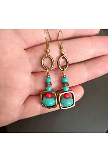 Birtakı'm Şeyler Handmade Crimping Turquoise Stone Earrings