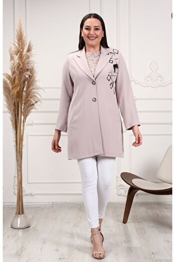 AKŞEN GİYİM Büüyk Size Double Breasted Jacket Set with Inner Blouse - Double Crepe Sand