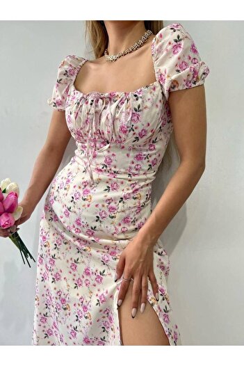 TUĞÇE FASHION Kadın Sarı Çok Renkli Çiçek Desenli Kare Yaka Astarlı Yırtmaçlı Premium Midi Elbise