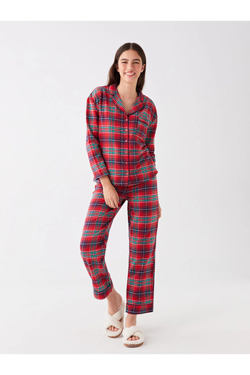 LC Waikiki LCW DREAM - Plaid Print Shirt Collar Long Sleeve Women's Pajamas Set