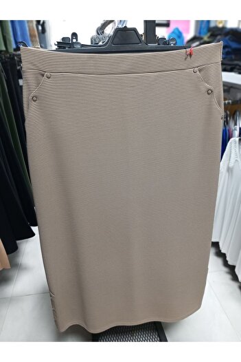 AKŞEN GİYİM Large Size Ankle Length Ottoman Fabric Pencil Skirt with Side and Pockets with Staple Detail